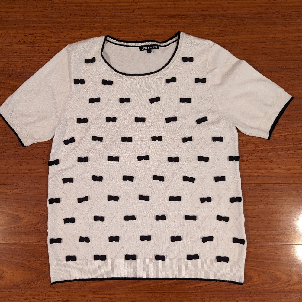 Leo & Ugo Womens Short Sleeve Crew Neck White & Black Bow Tie Blouse Sz 3